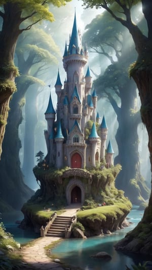 There is an Elf Kingdom in a big forest. You can see part of the castle. Bright, exquisite, dreamy