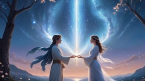 Beneath the canopy of a starlit sky, two figures stand side by side, their hands entwined in a silent pledge of eternal devotion. The night air is crisp and clear, infused with the promise of new beginnings and endless possibilities.