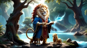 A tall metal robot with gleaming joints and sparkling eyes. A brave lion with a golden mane drinks water from the river. An old wizard in robes holds a stick under a large tree Read an ancient magic book. The three characters are fully presented to the audience.

Encountering companions, tall metallic robot, gleaming joints, sparkling eyes, brave lion, golden mane, drinking from river, old wizard, robes, staff, ancient magic book, grand tree, friendship.


High image quality, delicate, 3D, HD, Disney style