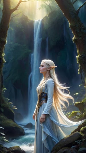 Guiding the lost wanderer through the enchanted forest, the elven maiden shares tales of its mystical origins, her voice filled with reverence and wonder. As they reach the edge of the forest, the majestic waterfall stands before them, a testament to the beauty of nature.

*Tensor Art Prompts:*
- Mystical Origins
- Reverent Voice
- Majestic Waterfall




