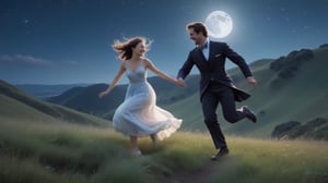  men and women, Atop a moonlit hill, bathed in the silvery glow of the night, two figures race through the swaying grass. Their laughter rings out, carried by the gentle breeze as they chase after the elusive glimmer of distant stars. With hands clasped tightly, they navigate the undulating terrain, each step a testament to their unwavering determination and shared aspirations.
*Action:* Their movements are fluid and purposeful, limbs propelling them forward with boundless energy. Their laughter is infectious, echoing through the night as they revel in the exhilaration of their pursuit.
