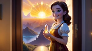 Ellie stands in front of the door, smiling at the horizon, holding the crystal that symbolizes the Land of Oz. The background is a golden sunset, casting a warm glow.
**Prompt**: Standing in front of door, smiling at horizon, holding symbolic crystal, golden sunset, warm glow, hope, courage, miracles.



High image quality, delicate, 3D, HD, Disney style