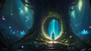 Ellie steps through the portal, instantly enveloped in a radiant light. The scene transitions to her standing in a fantastical forest, with towering trees, glowing leaves, and various strange plants and creatures around.

**Prompt**: Stepping through portal, enveloped in radiant light, fantastical forest, towering trees, glowing leaves, strange plants, magical creatures, awe, discovery.

High image quality, delicate, 3D, HD, Disney style