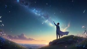 **Scene 1: Starlit Ambition**
*Description:* Under the vast expanse of the night sky, speckled with countless stars, a solitary figure stands atop a grassy knoll. His silhouette is outlined against the shimmering celestial canvas as he gazes upward, his eyes alight with a blend of awe and yearning. The cool breeze tousles his hair, while the faint scent of wildflowers perfumes the air.
*Action:* With a reverent gesture, he extends his arm towards the heavens, fingers outstretched as if reaching for the distant stars. His posture is one of anticipation and hope, as if awaiting a sign or revelation amidst the cosmic splendor.
*Prompt:* Starlight - The brilliance and majesty of the celestial realm, offering inspiration and guidance in the darkness.
