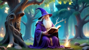  An old wizard in robes, holding a stick, reads an ancient magic book under a big tree.


High image quality, delicate, 3D, HD, Disney style