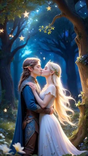As the stars twinkle overhead, the elven maiden and the elven lost wanderer kiss tenderly under the ancient oak trees of the palace gardens. In that moment, surrounded by the beauty of nature and each other's warm embrace, they knew they had found everlasting love. Tensor Art Tips: Twinkling stars gently kiss the beauty of nature