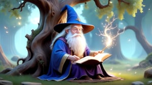  An old wizard in robes, holding a stick, reads an ancient magic book under a big tree.


High image quality, delicate, 3D, HD, Disney style