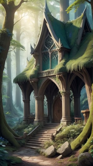 There is an elven kingdom in a large forest with partial details slightly revealed. Bright, exquisite, dreamy
