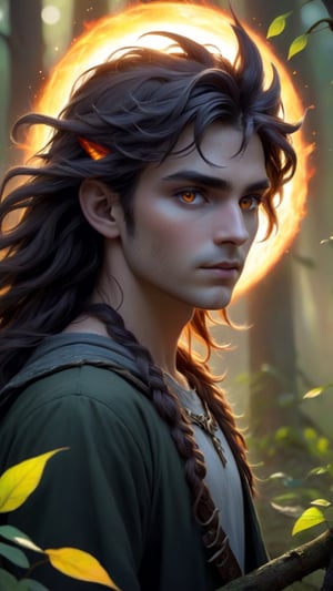 Venturing through the dense foliage of the elven forest, the lost wanderer's tousled chestnut hair catches the sunlight in a fiery halo, framing his weathered features with a warm glow. His stormy gray eyes betray the turmoil within his soul, reflecting the shifting shadows of doubt and uncertainty that dance amidst the trees. Despite the weariness etched upon his face, there's an undeniable strength in his gaze, a resilience born of countless trials and tribulations. Each step he takes is purposeful yet cautious, as he navigates the tangled undergrowth with a quiet determination, his senses keenly attuned to the whispers of the forest. Fiery Halo, Stormy Gray Eyes, Purposeful Steps
,DonMM1y4XL,Disney pixar style