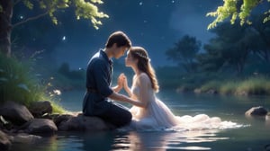 **Scene 5: Heartfelt Confession**
*Description:* Along the tranquil banks of a meandering river, bathed in the soft glow of moonlight, two figures find solace in each other's presence. They sit in a quiet embrace, the rhythmic murmur of the water serving as a soothing backdrop to their intimate conversation. With eyes locked in a tender gaze, one lover reaches out, gently grasping the other's hand, their touch imbued with unspoken affection.
*Action:* Their movements are tender and deliberate, each gesture conveying a depth of emotion too profound for words. Soft whispers of endearment mingle with the gentle rustle of leaves, creating an atmosphere of serenity and vulnerability.
*Prompt:* Love - The expression of profound affection and emotional connection, transcending words and barriers.
