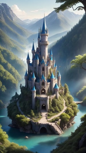 There is an Elf Kingdom next to a large forest. You can see part of the castle. Bright, exquisite, dreamy
