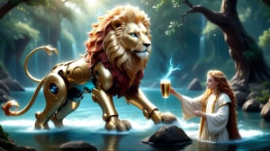 A tall metal robot with gleaming joints and gleaming eyes.

Encountering companions, tall metallic robot, gleaming joints, sparkling eyes, brave lion, golden mane, drinking from river, old wizard, robes, staff, ancient magic book, grand tree, friendship.


High image quality, delicate, 3D, HD, Disney style