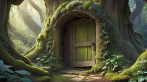 In her backyard, near an old well, Ellie discovers an ancient wooden door covered in vines and moss. She pushes open the heavy door, revealing a glowing entrance.

**Prompt**: Backyard, old well, ancient wooden door, vines, moss, heavy door, glowing entrance, discovery, mystery.

High image quality, delicate, 3D, HD, Disney style