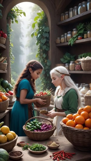 Surrounded by baskets of fresh produce and jars of exotic spices, the girl and the Elf Lost Wanderer begin their culinary journey. - *Tensor Art Tips:* - **Exotic Spices** - **Fresh Produce** - **Share the Excitement**