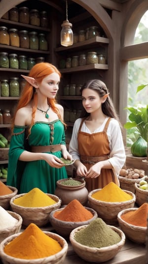 Surrounded by baskets of fresh produce and jars of exotic spices, the girl and the Elf Lost Wanderer begin their culinary journey. - *Tensor Art Tips:* - **Exotic Spices** - **Fresh Produce** - **Share the Excitement**