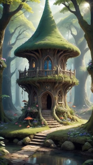 There is an Elf Kingdom in a large forest. Only partial details of the Elf Kingdom are seen. Bright, exquisite, dreamy


