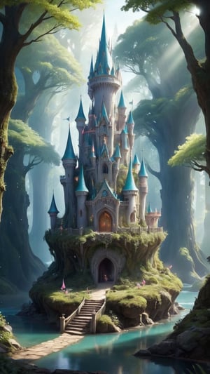 There is an Elf Kingdom in a large forest. The whole castle can be seen. Bright, exquisite, dreamy