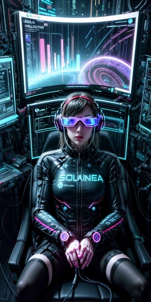 futuristic computer user interface, intense hacker girl sitting in front her hologram computer, floating infographic hologram, glowing holographic neural network, data network flowing, bokeh, bloom, bioluminescentdynamic pose,sci-fi goggles, earphone
, hyperrealistic photography, wide shot, , style of unsplash and National Geographic,Movie Still,cyberpunk style,neon photography style,cyberpunk