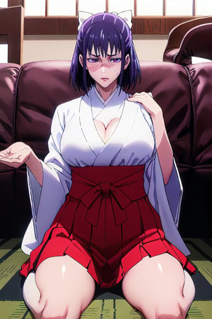ishigaki_takashi jujutsu_kaisen iori_utahime highres paid_reward_available revision 1girl alternate_breast_size averting_eyes black_hair blush bow bra breasts brown_eyes cleavage clothes_down embarrassed hair_bow hakama hakama_skirt hand_to_own_mouth huge_breasts indoors japanese_clothes kimono long_hair miko navel panties red_hakama scar scar_on_face sitting skirt socks solo sweatdrop underwear wariza white_bow white_bra white_kimono white_panties white_socks1girl, black lace bodysuit, gold jacket, black lace long-glove, dark-brown short bob cut hair, beautiful light-purple eyes, smooth fair skin, dark-red lips, eye_shadow, cool makeup, earing, front from below,                                                                                       high detailed, ultra detailed, 9x16 aspect ratio,
high resolution, marketing cover art, impressive visual, perfect composition,midjourney,1 girl,disgusted face,Iori,hands,((better_hands))
