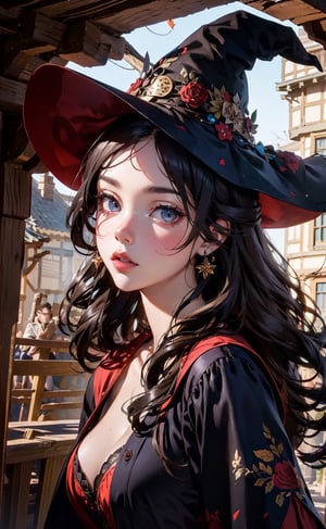 A gorgeous Spanish girl, fashionable red floral witch robe, witch hat, walking on the medieval village, intricate details, by (Anna Dittmann). (Cinematic lighting, ethereal light, intricate details, extremely detailed, incredible details, full colored), complex details, hyper maximalist, gorgeous light and shadow, detailed decoration, detailed lines. masterpiece, best quality, HDR, UHD, unreal engine. looking at the camera, fair skin, beautiful face, beautiful eyes, perfect eyes, detailed eyes, beautiful nose, super wide angle, high angle, high color contrast, (colorful:1.5), ,Half-timbered Construction