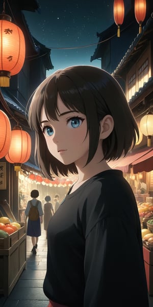 Ghibli anime style, "Spirited Away" style. A girl in a dark night market, with illuminated by warm lights. The whole atmosphere seems mysterious. (Cinematic lighting, ethereal light, intricate details, extremely detailed, incredible details, full colored), complex details, hyper maximalist, gorgeous light and shadow, detailed decoration, detailed lines. masterpiece, best quality, HDR, UHD, unreal engine. looking at the camera, fair skin, beautiful face, (beautiful eyes:1.5), perfect eyes, detailed eyes, beautiful nose, dim tones,StdGBRedmAF,cute,DonMN1gh7XL ,anime