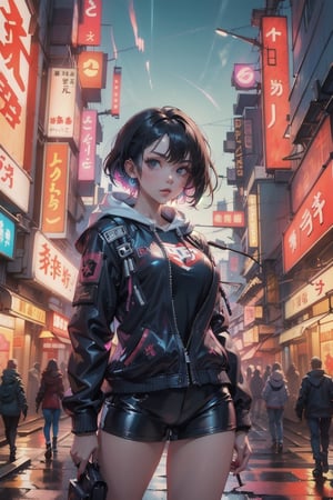Night city photo, cyberpunk style, a girl wearing black hoodie and leather jacket, standing, urban, cowboy shot, (Cinematic lighting, ethereal light, intricate details, extremely detailed, incredible details, full colored), complex details, hyper maximalist, gorgeous light and shadow, detailed decoration, detailed lines. masterpiece, best quality, HDR, UHD, unreal engine. looking at the camera, fair skin, beautiful face,Cyberpunk,