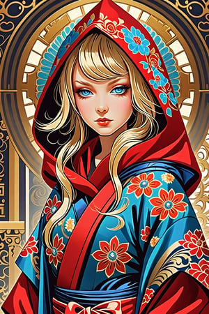 1 seductive, mature woman with blonde hair, and blue eyes, with detailed ornate fur hooded kimono, red hooded kimono, miniskirt, fantasypunk. She is noble and elegant, just like a blooming peony.(masterpiece, top quality, best quality, official art, beautiful and aesthetic:1.2), (1girl:1.4), portrait, extreme detailed, (fractal art:1.12), (colorful:1.1), highest detailed, (aristocracy:1.1),scenery, full_body ,Flat vector art, Cyberpunk Fantasy
