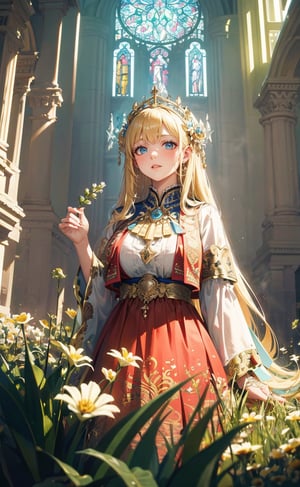 A girl with long blonde hair, wearing a fancy ornate (((folk dress))). fantastical and ethereal scenery, daytime, church, grass, flowers. Intricate details, extremely detailed, incredible details, full colored, complex details, hyper maximalist, detailed decoration, detailed lines. masterpiece, best quality, HDR,girl,masterpiece
