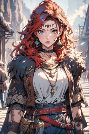 A dashing female warrior, adorned in rugged yet stylish attire, with a confident smirk and fierce gaze that command respect, medieval fantasy. Swashbuckling, brave, wise and beautiful, jewelry, standing, collarbone, white shirt, weapon, earrings, belt, pants, necklace, blurry, lips, gun, landscape, blurry background, hoop earrings, realistic, brown belt. (Cinematic lighting, ethereal light, intricate details, extremely detailed, incredible details, full colored), complex details, hyper maximalist, gorgeous light and shadow, detailed decoration, detailed lines. masterpiece, best quality, HDR, UHD, unreal engine. looking at the camera, fair skin, beautiful face, beautiful eyes, perfect eyes, detailed eyes, beautiful nose,