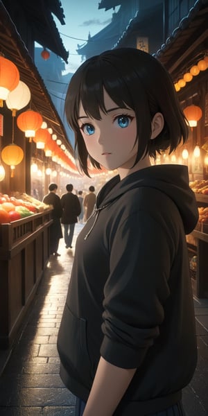 Ghibli anime style, "Spirited Away" style. A girl in a dark night market, with illuminated by warm lights. The whole atmosphere seems mysterious. (Cinematic lighting, ethereal light, intricate details, extremely detailed, incredible details, full colored), complex details, hyper maximalist, gorgeous light and shadow, detailed decoration, detailed lines. masterpiece, best quality, HDR, UHD, unreal engine. looking at the camera, fair skin, beautiful face, (beautiful eyes:1.5), perfect eyes, detailed eyes, beautiful nose, dim tones,StdGBRedmAF,cute,DonMN1gh7XL ,anime