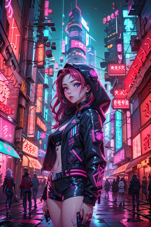 (Night city) photo, cyberpunk style, a girl wearing black hoodie and leather jacket, long hair, straight hair, standing, urban, neon, cowboy shot, (Cinematic lighting, ethereal light, intricate details, extremely detailed, incredible details, full colored), complex details, hyper maximalist, gorgeous light and shadow, detailed decoration, detailed lines. masterpiece, best quality, HDR, UHD, unreal engine. looking at the camera, fair skin, beautiful face,Cyberpunk,neon background