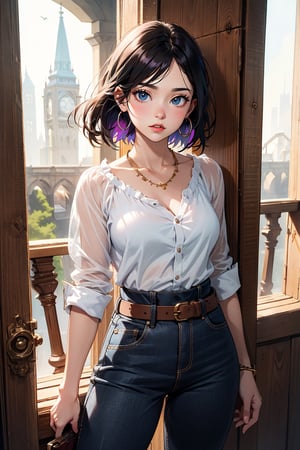 A dashing medieval female warrior, adorned in rugged yet stylish attire, with a confident smirk and fierce gaze that command respect, medieval fantasy. Swashbuckling, brave, wise and beautiful, jewelry, standing, collarbone, white shirt, weapon, earrings, belt, pants, necklace, blurry, lips, gun, landscape, blurry background, hoop earrings, realistic, brown belt. (Cinematic lighting, ethereal light, intricate details, extremely detailed, incredible details, full colored), complex details, hyper maximalist, gorgeous light and shadow, detailed decoration, detailed lines. masterpiece, best quality, HDR, UHD, unreal engine. looking at the camera, fair skin, beautiful face, beautiful eyes, perfect eyes, detailed eyes, beautiful nose,Nature
