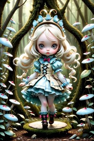 Alice in Wonderland, in the forest, (Nicoletta Ceccoli and Jean Baptiste Monge and Mark Ryden and James C Christensen style),chibi
