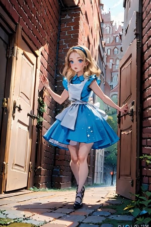 (1 girl:1.2), blue dress, white apron, black hairband, garden tea party, pastel colors, light particles, lighting, (highly detailed:1.2),(detailed face:1.2), (gradients), (detailed landscape, vegetation, big door:1.2), (bricks, carpet, buildings:1.2),(detailed background), detailed landscape, (dynamic pose:1.2), (rule of third_composition:1.3), (Line of action:1.2), daylight,AliceWonderlandWaifu,Nice legs and hot body,Detail