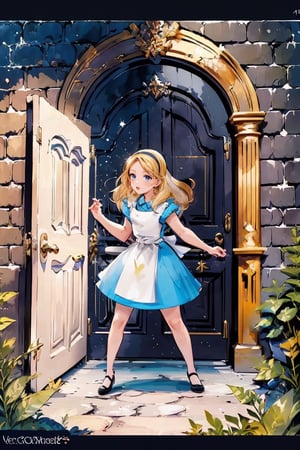 (1 girl:1.2), blue dress, white apron, black hairband, garden tea party, pastel colors, light particles, lighting, (highly detailed:1.2),(detailed face:1.2), (gradients), (detailed landscape, castle, vegetation, big door:1.2), (bricks, carpet, buildings:1.2),(detailed background), detailed landscape, (dynamic pose:1.2), (rule of third_composition:1.3), (Line of action:1.2), daylight,AliceWonderlandWaifu,Nice legs and hot body,