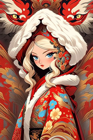 1 seductive, mature woman with blonde hair, and blue eyes, with detailed ornate fur hooded kimono, red hooded kimono, miniskirt, fantasypunk. She is noble and elegant, just like a blooming peony.(masterpiece, top quality, best quality, official art, beautiful and aesthetic:1.2), (1girl:1.4), portrait, extreme detailed, (fractal art:1.12), (colorful:1.1), highest detailed, (aristocracy:1.1),scenery, full_body ,Flat vector art, Cyberpunk Fantasy,disney pixar style,(anime),niji style