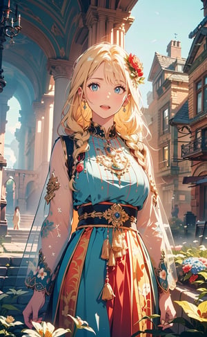 A girl with long blonde hair, wearing a fancy ornate (((folk dress))). fantastical and ethereal scenery, daytime, church, grass, flowers. Intricate details, extremely detailed, incredible details, full colored, complex details, hyper maximalist, detailed decoration, detailed lines. masterpiece, best quality, HDR,girl