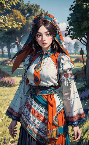 Slavic dress, 1girl, solo, grass, flowers, scenery, white shirt, smile, long sleeves, standing, blue eyes,  (extremely detailed, incredible details, full colored), complex details, hyper maximalist, gorgeous light and shadow, detailed decoration, detailed lines. masterpiece, best quality, HDR, UHD, high color contrast, 