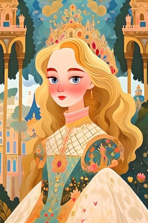 A princess, (1girl:1.4), blonde hair, portrait, royal garden, outdoors, (masterpiece, top quality, best quality, official art, beautiful and aesthetic:1.2), (1girl:1.4), portrait, extreme detailed, (fractal art:1.12), (colorful:1.1), highest detailed, (aristocracy:1.1),scenery, full_body,Flat vector art, whimsical folk art