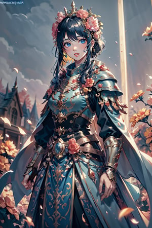 A dashing medieval female warrior, adorned in rugged yet stylish attire, with a confident smirk and fierce gaze that command respect, medieval fantasy. Swashbuckling, brave, wise and beautiful, jewelry, standing, landscape, (Cinematic lighting, ethereal light, intricate details, extremely detailed, incredible details, full colored), complex details, hyper maximalist, gorgeous light and shadow, detailed decoration, detailed lines. masterpiece, best quality, HDR, UHD, unreal engine. looking at the camera, fair skin, beautiful face, beautiful eyes, perfect eyes, detailed eyes, beautiful nose,lofi artstyle,ragnarok_online_rg,more detail ,Game of Thrones,flower4rmor