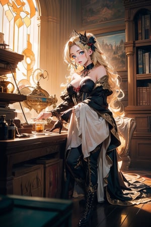 1girl, steampunk style, flowing blonde hair, boots, (masterpiece, top quality, best quality, official art, beautiful and aesthetic:1.2), extreme detailed, cinematic Lighting, ethereal light, intricate details, extremely detailed, incredible details, full colored, complex details, hyper maximalist, gorgeous light and shadow, detailed decoration, detailed lines. masterpiece, best quality, HDR, UHD, fair skin, beautiful face,
