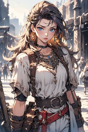 A dashing female warrior, adorned in rugged yet stylish attire, with a confident smirk and fierce gaze that command respect, medieval fantasy. Swashbuckling, brave, wise and beautiful, jewelry, standing, collarbone, white shirt, weapon, earrings, belt, pants, necklace, blurry, lips, gun, blurry background, hoop earrings, realistic, brown belt. (Cinematic lighting, ethereal light, intricate details, extremely detailed, incredible details, full colored), complex details, hyper maximalist, gorgeous light and shadow, detailed decoration, detailed lines. masterpiece, best quality, HDR, UHD, unreal engine. looking at the camera, fair skin, beautiful face, beautiful eyes, perfect eyes, detailed eyes, beautiful nose,
