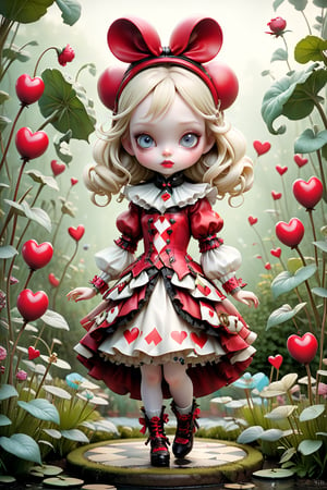 Alice in Wonderland, in the Queen of Hearts' garden, (Nicoletta Ceccoli and Jean Baptiste Monge and Mark Ryden and James C Christensen style),chibi