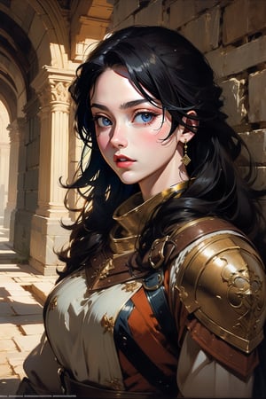 A dashing medieval female warrior, adorned in rugged yet stylish attire, with a confident smirk and fierce gaze that command respect, medieval fantasy. Swashbuckling, brave, wise and beautiful, jewelry, standing, landscape, (Cinematic lighting, ethereal light, intricate details, extremely detailed, incredible details, full colored), complex details, hyper maximalist, gorgeous light and shadow, detailed decoration, detailed lines. masterpiece, best quality, HDR, UHD, unreal engine. looking at the camera, fair skin, beautiful face, beautiful eyes, perfect eyes, detailed eyes, beautiful nose,oil painting,classic painting,lofi artstyle
