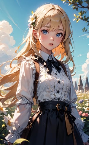 1girl, solo, long hair, blonde hair, outdoor, blue sky, grass, flowers field, folk dress, white shirt, smile, long sleeves, standing, blue eyes,  (extremely detailed, incredible details, full colored), complex details, hyper maximalist, gorgeous light and shadow, detailed decoration, detailed lines. masterpiece, best quality, HDR, UHD, high color contrast,