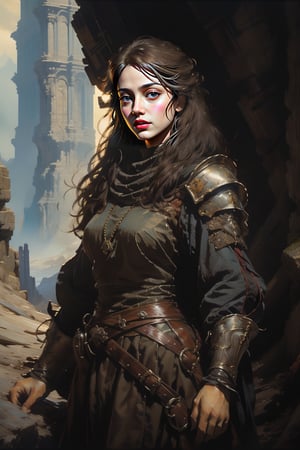 A dashing medieval female warrior, adorned in rugged yet stylish attire, with a confident smirk and fierce gaze that command respect, medieval fantasy. Swashbuckling, brave, wise and beautiful, jewelry, standing, landscape, (Cinematic lighting, ethereal light, intricate details, extremely detailed, incredible details, full colored), complex details, hyper maximalist, gorgeous light and shadow, detailed decoration, detailed lines. masterpiece, best quality, HDR, UHD, unreal engine. looking at the camera, fair skin, beautiful face, beautiful eyes, perfect eyes, detailed eyes, beautiful nose,oil painting,classic painting,nodf_lora