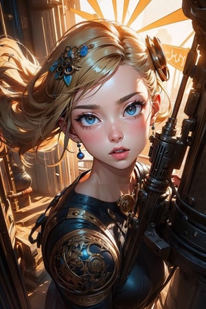 1girl, steampunk style, flowing blonde hair, boots,  detailed steampunk background, (masterpiece, top quality, best quality, official art, beautiful and aesthetic:1.2), extreme detailed, cinematic Lighting, ethereal light, intricate details, extremely detailed, incredible details, full colored, complex details, hyper maximalist, gorgeous light and shadow, detailed decoration, detailed lines. masterpiece, best quality, HDR, UHD, fair skin, beautiful face,