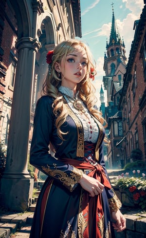 (masterpiece:1.2), bestquality,fantasy, a girl with long blonde hair, wearing a fancy ornate (((folk dress))). fantastical and ethereal scenery, daytime, church, gress, flowers. Intricate details, extremely detailed, incredible details, full colored, complex details, hyper maximalist, detailed decoration, detailed lines. masterpiece, best quality, HDR,