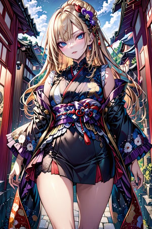 1 seductive, mature woman with blonde hair, and blue eyes, with detailed ornate kimono, miniskirt,  Gothic make-up, rebellious.(masterpiece, top quality, best quality, official art, beautiful and aesthetic:1.2), (1girl:1.4), portrait, extreme detailed, (colorful:1.1), highest detailed, (aristocracy:1.1), Kyoto, outdoor,colorful,(anime)