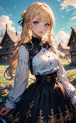 1girl, solo, long hair, blonde hair, outdoor, blue sky, grass, flowers field, folk dress, white shirt, smile, long sleeves, standing, blue eyes,  (extremely detailed, incredible details, full colored), complex details, hyper maximalist, gorgeous light and shadow, detailed decoration, detailed lines. masterpiece, best quality, HDR, UHD, high color contrast,Half-timbered Construction
